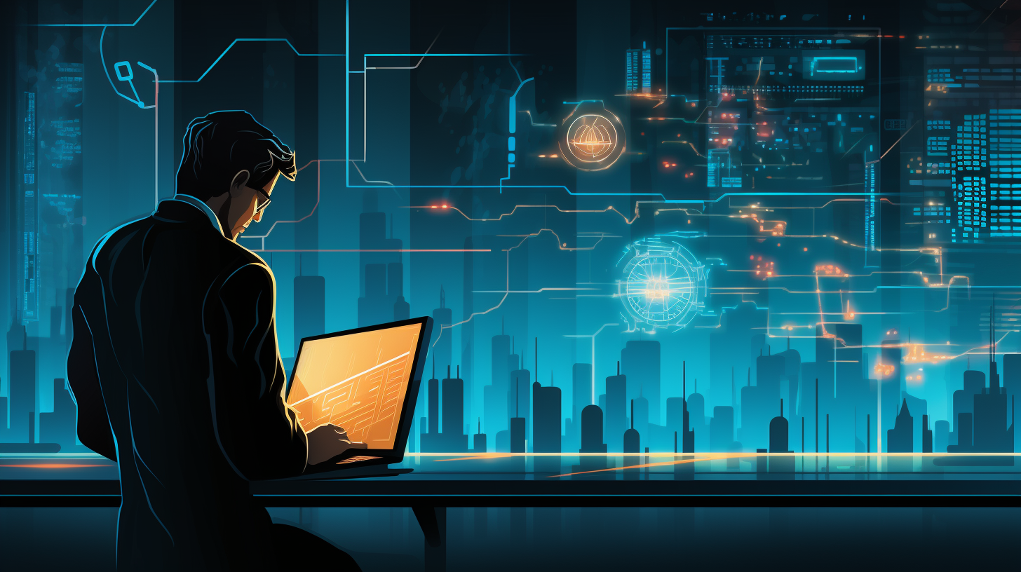 A man is sitting at a desk with a laptop in front of him.